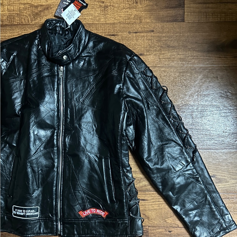 Diamond Plate Men’s Size 3 X-Large Motorcycle  Black Leather Patches Jacket ~New - Picture 13 of 16